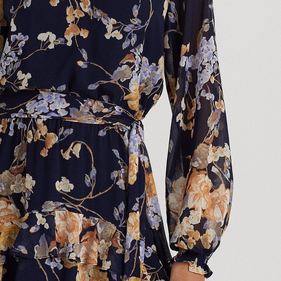 Lauren Ralph Lauren Floral Belted Crinkle Georgette Dress, Plus Size 22W NWT